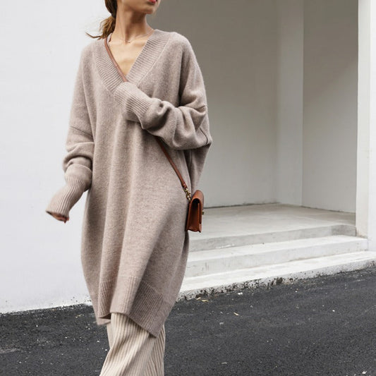 Suéter coreano de cuello en V para mujer, suéter holgado de longitud media, vestido grueso, otoño e invierno
