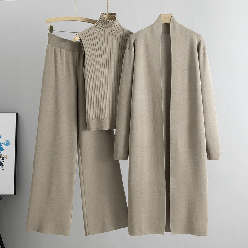 Conjunto de tres piezas de primavera para mujer, traje de punto holgado, cárdigan con chal largo y cuello alto, chaleco y pantalones de pierna ancha