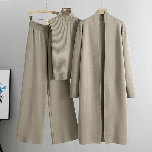 Conjunto de tres piezas de primavera para mujer, traje de punto holgado, cárdigan con chal largo y cuello alto, chaleco y pantalones de pierna ancha