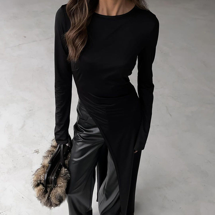 Vestido de primavera y otoño con abertura asimétrica irregular, color liso, cuello redondo y manga larga para mujer
