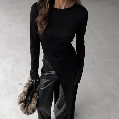 Vestido de primavera y otoño con abertura asimétrica irregular, color liso, cuello redondo y manga larga para mujer