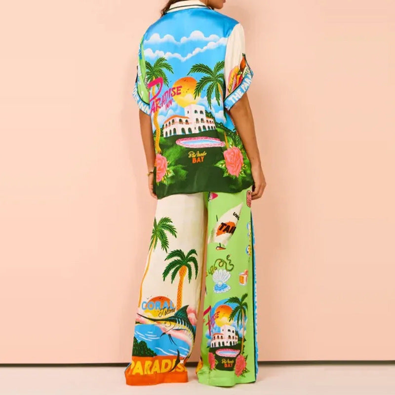 Conjunto informal de pantalones anchos con cintura elástica y bolsillo para mujer, ropa de verano con estampado multicolor