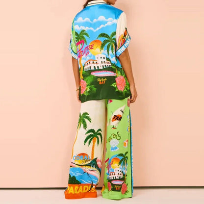Conjunto informal de pantalones anchos con cintura elástica y bolsillo para mujer, ropa de verano con estampado multicolor