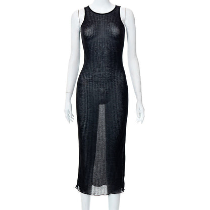 Vestido informal microtransparente sin mangas con cuello redondo y color liso para mujer, primavera y verano
