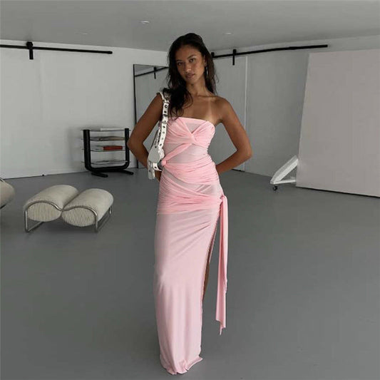 Vestido sexy de primavera para mujer, con escote en V y abertura lateral, color liso