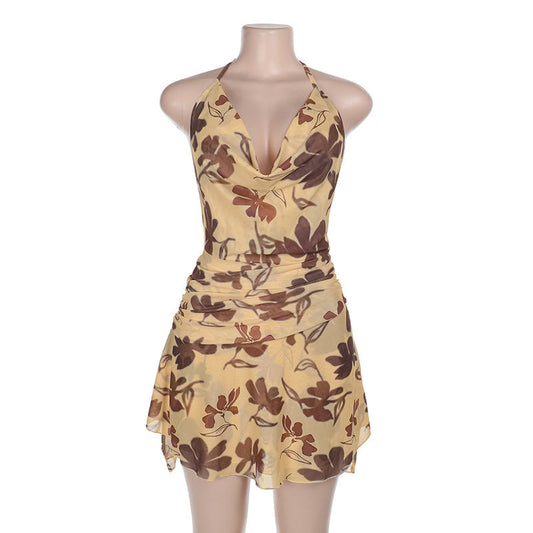 Sexy Pockets Collar Halter Backless Printed Dress Women Vacation Sexy Dress