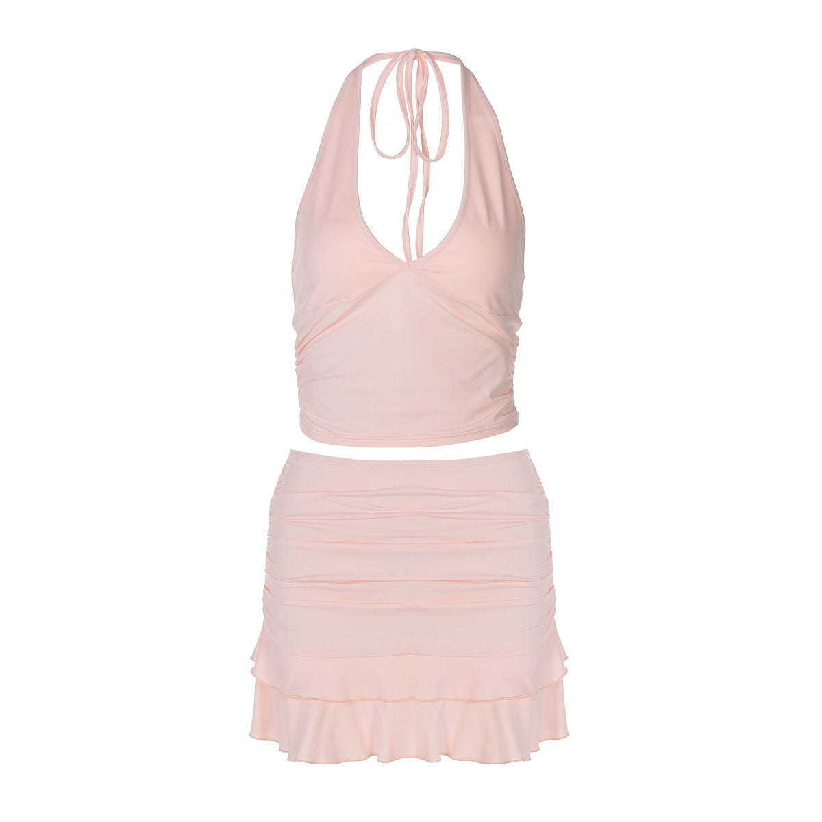Conjunto de dos piezas de falda con orillo de color liso, sexy, escote en V, ahuecado, con escote halter, ajustado, ultracorto