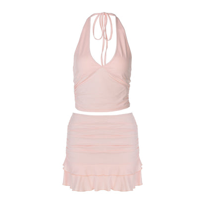Conjunto de dos piezas de falda con orillo de color liso, sexy, escote en V, ahuecado, con escote halter, ajustado, ultracorto