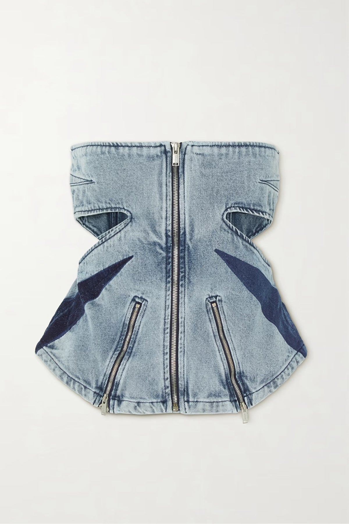 Conjunto de dos piezas de mezclilla para mujer, con top de tubo y parches en contraste de colores, abertura tridimensional, doble cremallera, costuras elásticas y lavados.