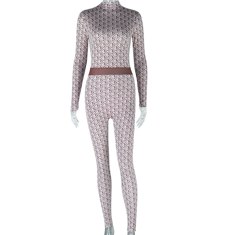 Ropa de mujer, pantalones estampados de calle, cuello redondo, manga larga, pantalones de cuerpo entero, mono deportivo para mujer