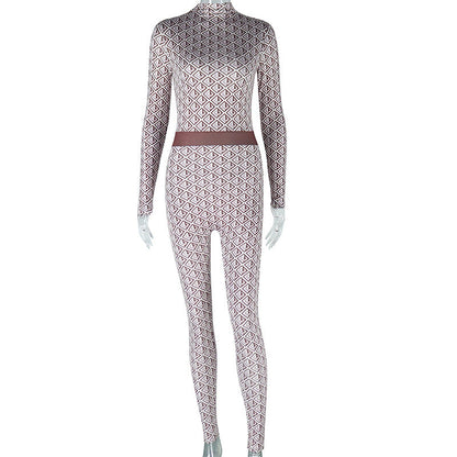 Ropa de mujer, pantalones estampados de calle, cuello redondo, manga larga, pantalones de cuerpo entero, mono deportivo para mujer