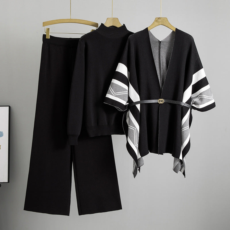 Conjunto de tres piezas de cárdigan de punto con cuello alto y pantalones de pierna ancha para mujer, elegante y a la moda, de primavera