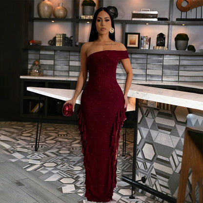 Vestido ajustado con abertura para mujer, vestido maxi sexy con hombros descubiertos.