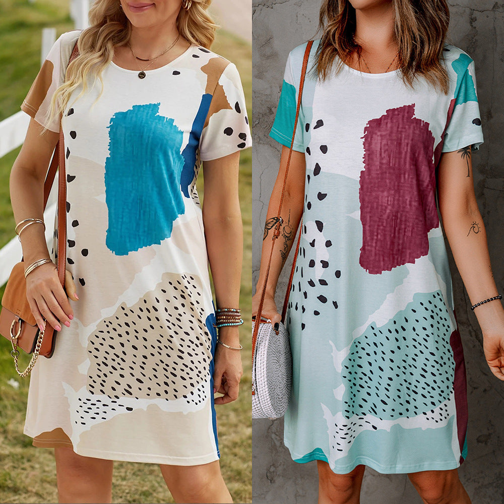 Vestido informal de verano con estampado floral, cuello redondo y manga corta para mujer