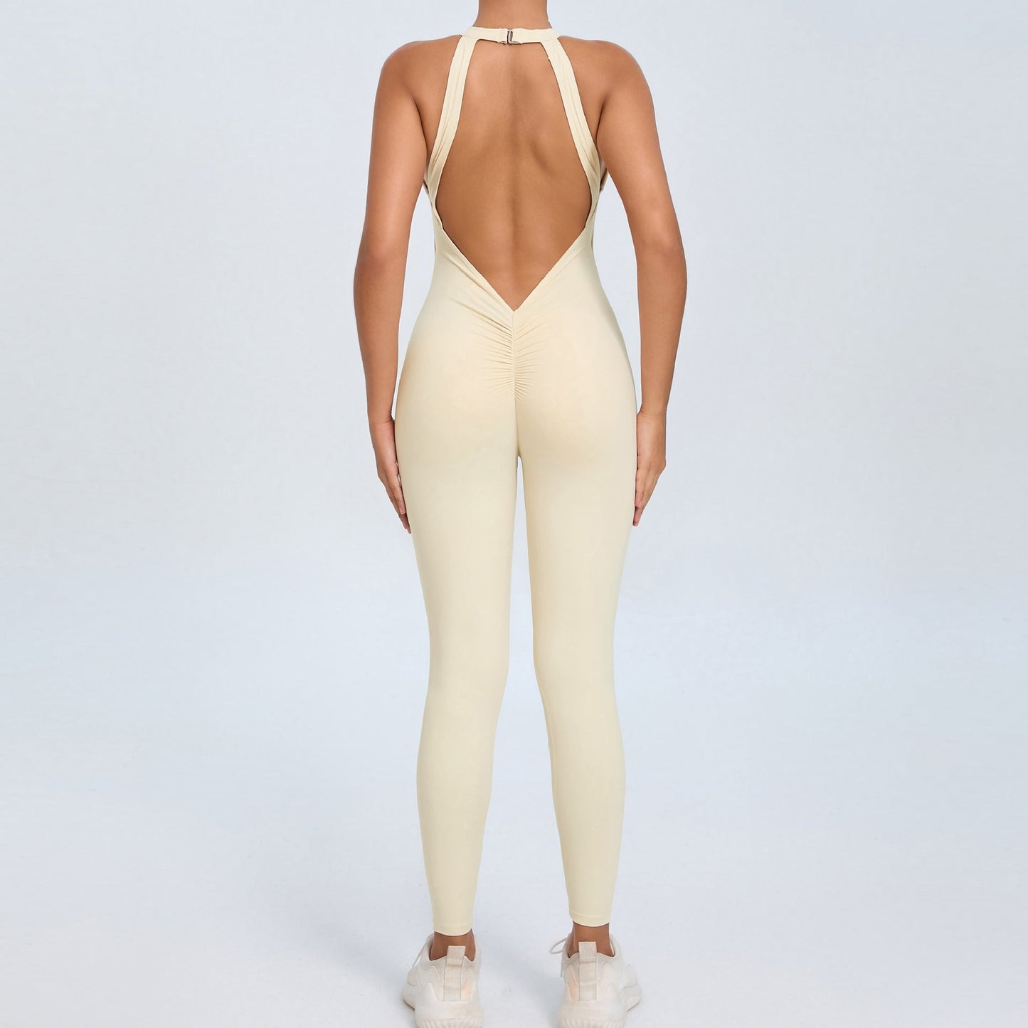 Mono de yoga con hebilla en la espalda para mujer, color melocotón, sin espalda, deportivo, de secado rápido, de una pieza, para fitness