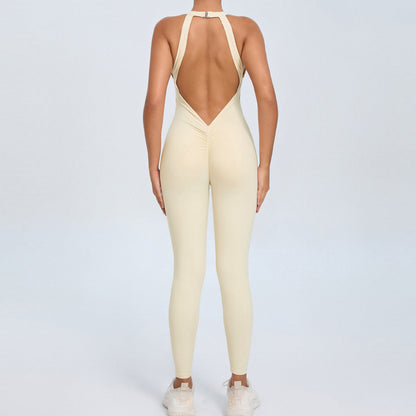 Mono de yoga con hebilla en la espalda para mujer, color melocotón, sin espalda, deportivo, de secado rápido, de una pieza, para fitness