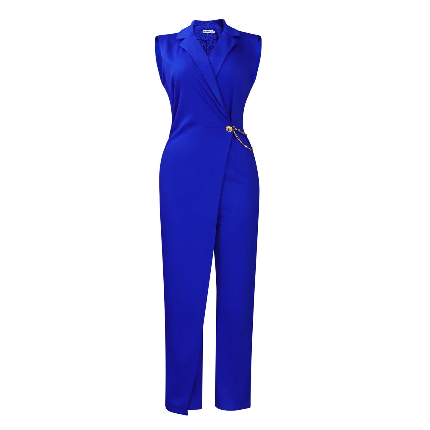 Mono elegante de mujer con cuello de traje elegante, cintura ajustada, cadena, pierna ancha y suelta