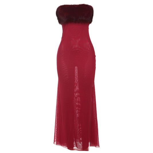 Women Clothing Autumn Winter Sexy Backless Fur Collar Stitching Mesh Tube Top Dress Women