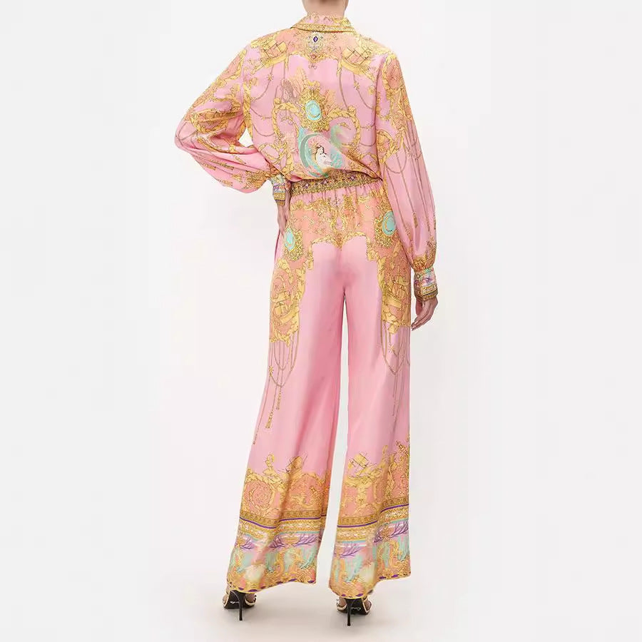 Traje informal de dos piezas para mujer, con camisa y pantalones estampados rosas de manga larga para vacaciones