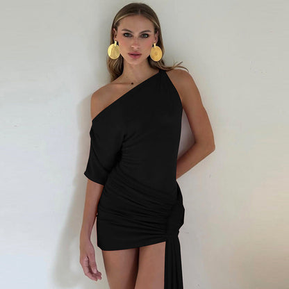 Vestido ajustado de primavera para mujer, color liso, sexy, con hombros oblicuos, manga única, asimétrico, con lazo y caderas estrechas