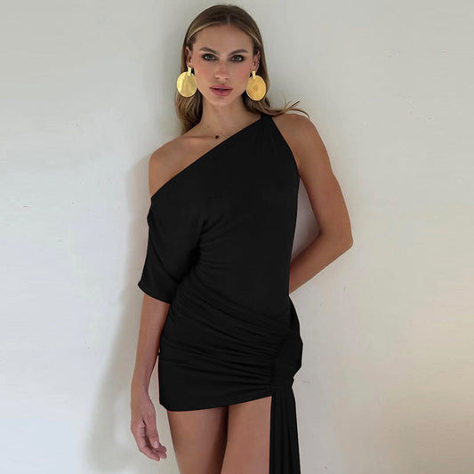Vestido ajustado de primavera para mujer, color liso, sexy, con hombros oblicuos, manga única, asimétrico, con lazo y caderas estrechas