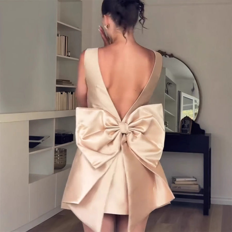Vestido de primavera para mujer, de satén, sin espalda, con lazo decorativo y cintura alta