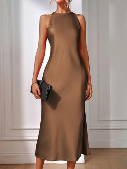 Vestido de satén para mujer, ropa de primavera y verano, sin mangas, con abertura, de satén y seda sintética.