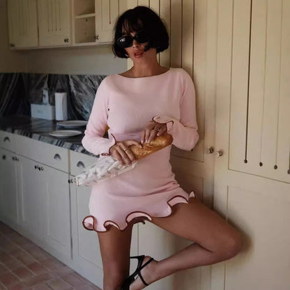 Vestido sexy con borde ondulado, ajustado, de punto con orejas de madera y mangas largas, para otoño e invierno.