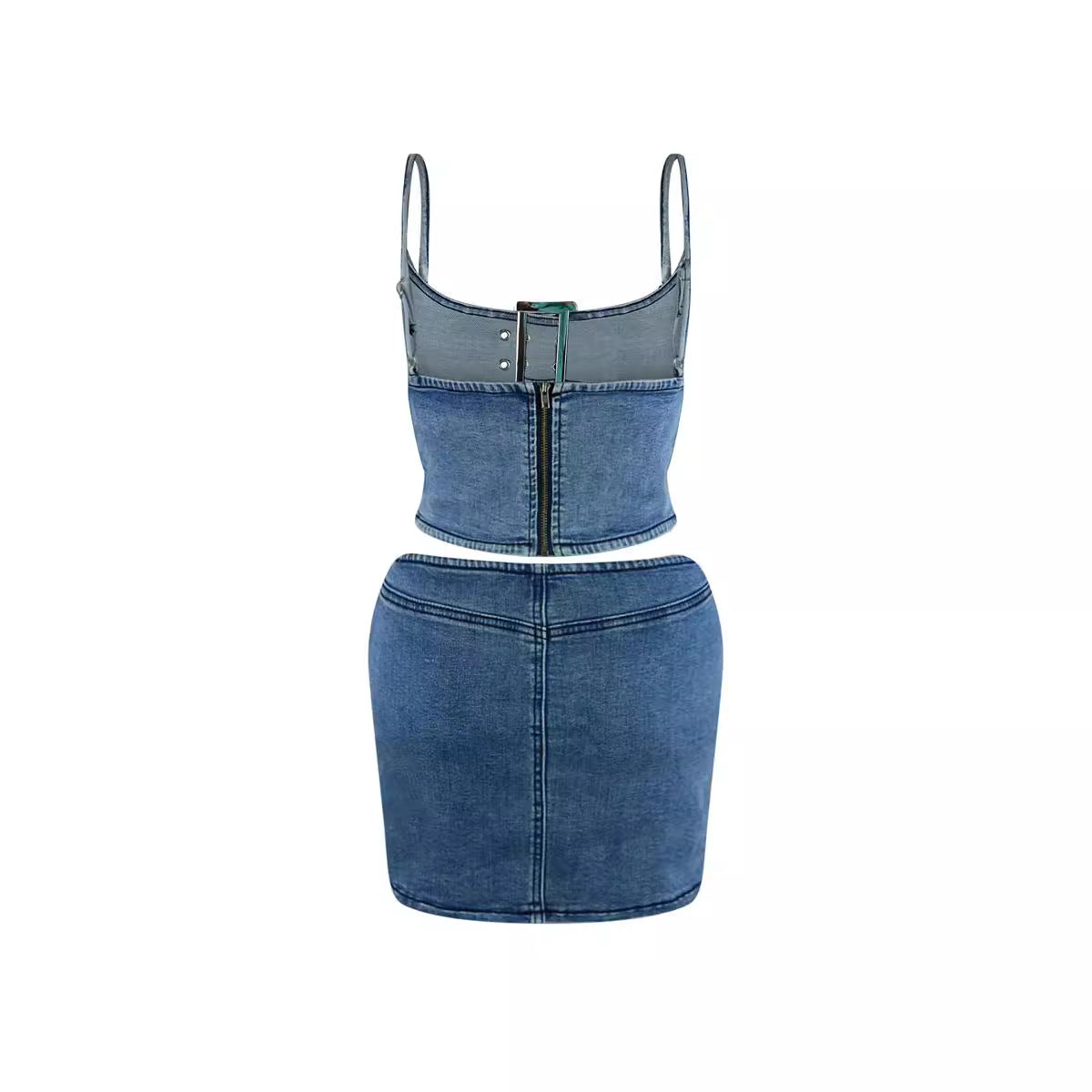 Traje vaquero informal elástico con hebilla ajustable de dos piezas para mujer