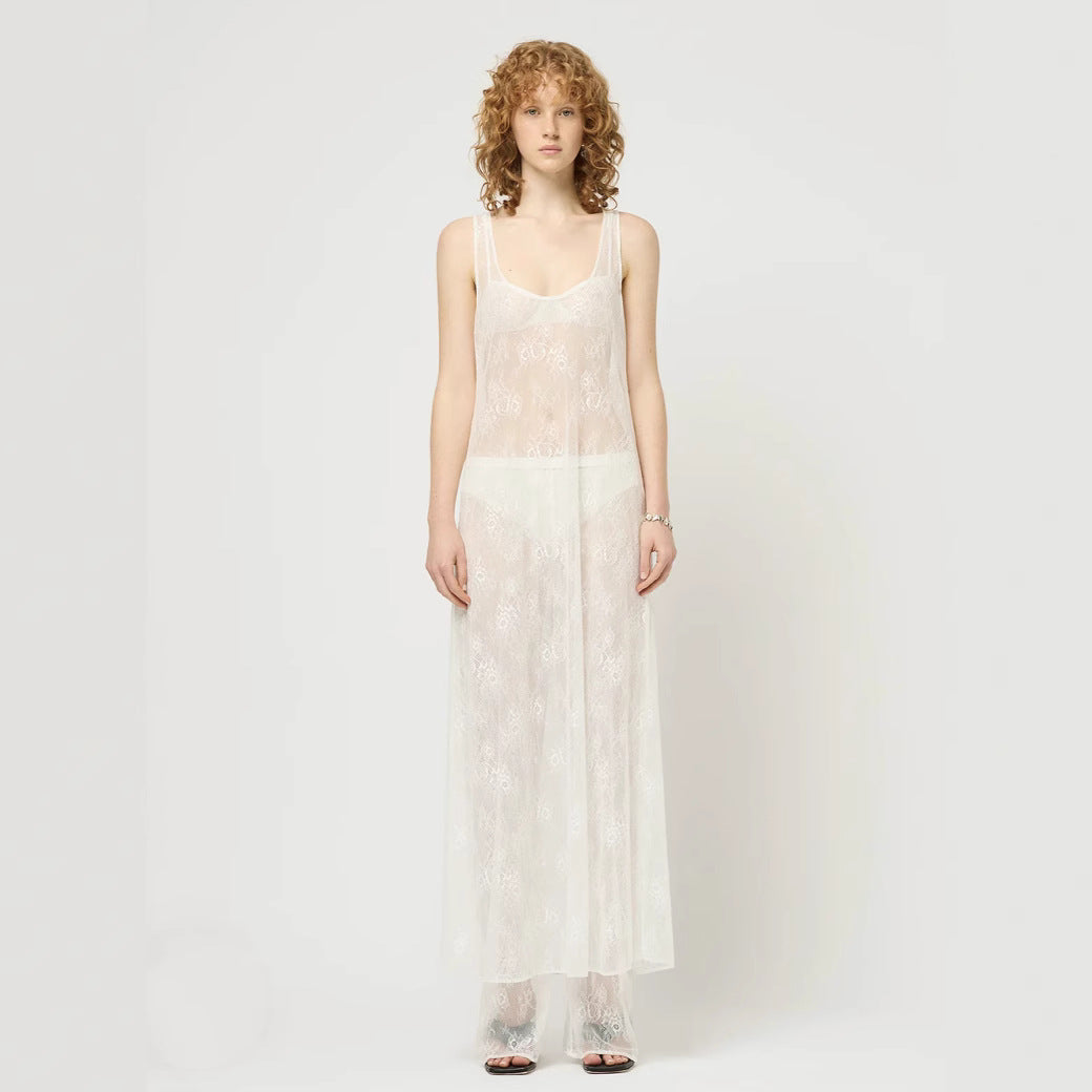 Vestido de blusa de encaje con aberturas y transparencias para mujer, ropa de primavera y verano