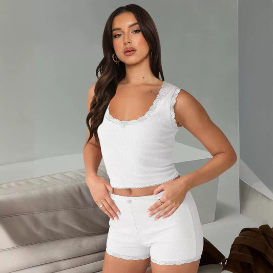 Traje informal multicolor de dos piezas con costuras de encaje para mujer, corte ajustado, cintura alta y pantalones cortos