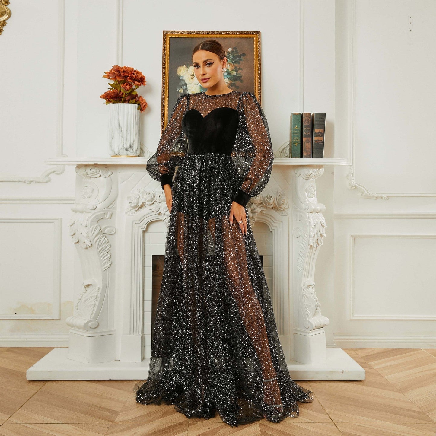 Vestido de noche de gasa con lentejuelas y cuello redondo y manga larga para dama de honor