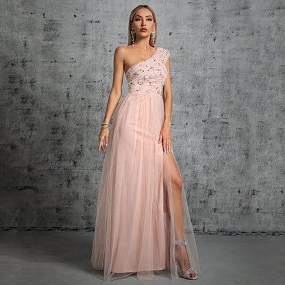 Vestido de noche para mujer, primavera, sexy, elegante, con un solo hombro y costuras.