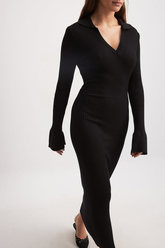 Women Clothing Long Sleeve Dress Women Knitted Deep V Plunge Sweater Maxi Dress