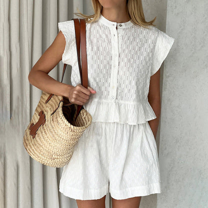 ¡¾MOQ-5 packs¡¿ Summer Jacquard Short Sleeve Sense of Design Shirt Casual Office Shorts Set for Women