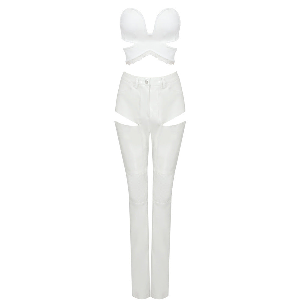 Blusa blanca de encaje elástico bajo con cuello de encaje, pantalones abiertos de cuero sintético con aberturas, conjunto sexy elástico de dos piezas, traje informal