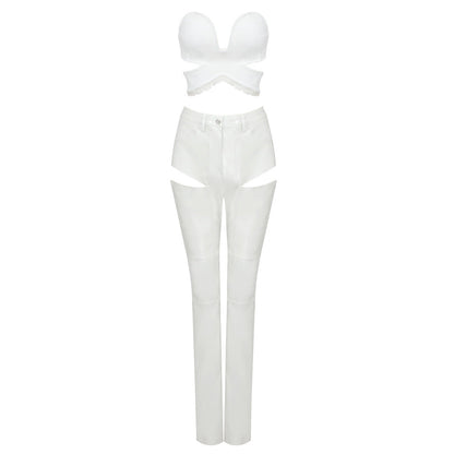 Blusa blanca de encaje elástico bajo con cuello de encaje, pantalones abiertos de cuero sintético con aberturas, conjunto sexy elástico de dos piezas, traje informal