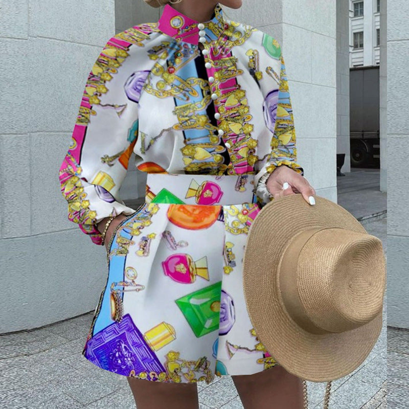 Conjunto de dos piezas formado por camiseta y pantalón corto de manga larga y estampado para mujer, otoño e invierno