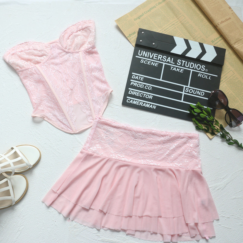 Conjunto de corsé sexy rosa semitransparente con encaje y varillas, top de tubo, chaleco corto, minifalda ultracorta de doble capa para mujer