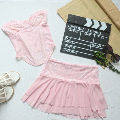 Conjunto de corsé sexy rosa semitransparente con encaje y varillas, top de tubo, chaleco corto, minifalda ultracorta de doble capa para mujer