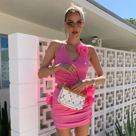 Fall Pink Three Dimensional Floral Halterneck Women Clothing Dopamine Wear Cutout Dress