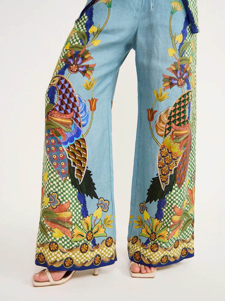 Traje de dos piezas de encaje con mangas abullonadas y estampado personalizado de otoño para mujer, artesanía amplificada
