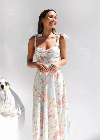 Aquarelle Dress – Soft Blue Floral Tie-Shoulder Midi