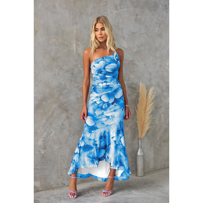 Vestido informal con forro elástico y estampado de hombros oblicuos para mujer, primavera y verano