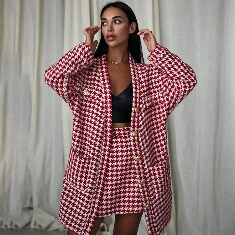 Ropa de mujer Otoño Invierno Traje Chanel Mujer Pata de Gallo Lazo Delantero Falda Cadera Conjunto de Dos Piezas