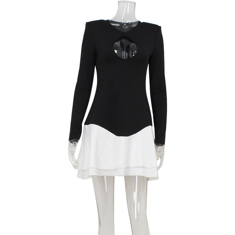 Vestido sexy para mujer con escote en el pecho, manga larga, color a juego, ajustado y adelgazante.