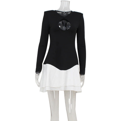 Vestido sexy para mujer con escote en el pecho, manga larga, color a juego, ajustado y adelgazante.