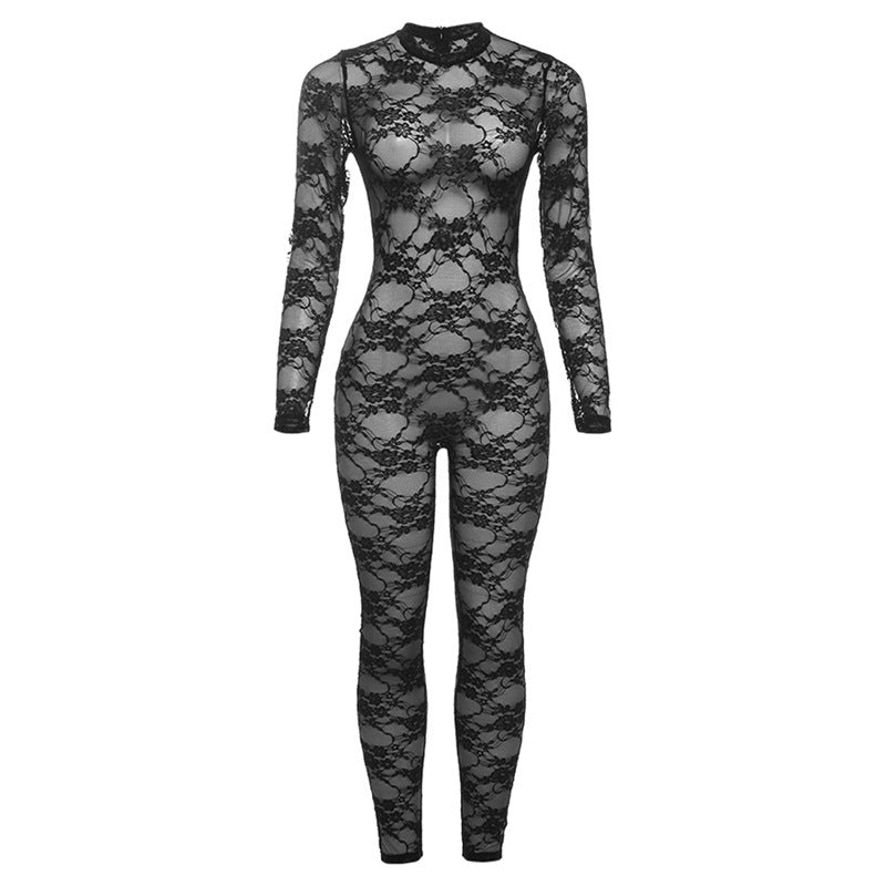 Ropa de mujer Primavera Verano Calle Sexy Transparente Cuello redondo Manga larga Encaje Ajustado Pantalones de Una Pieza