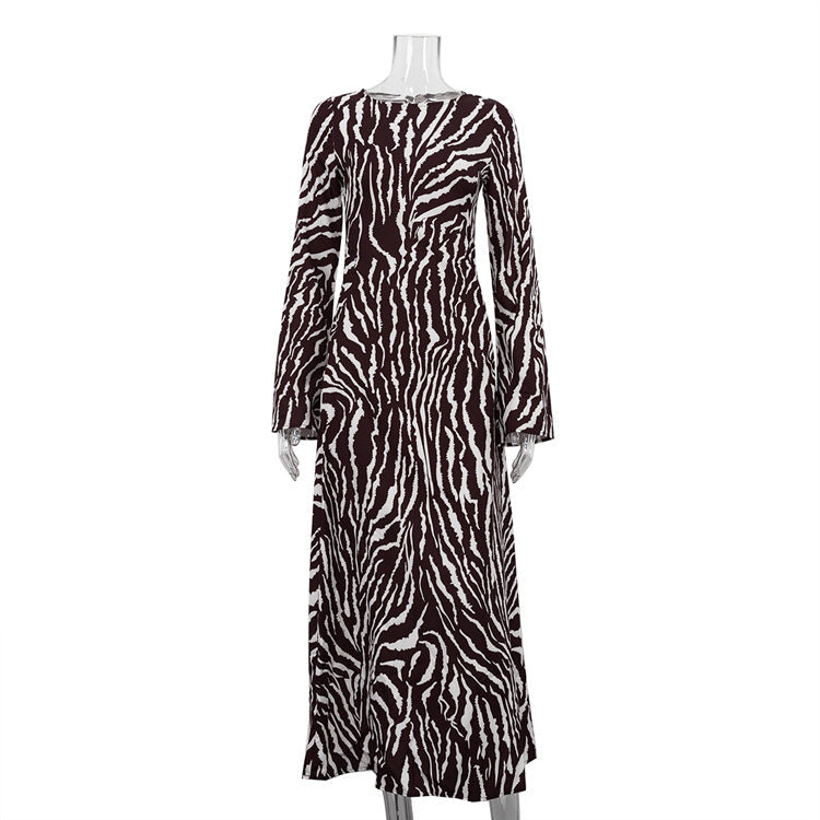 Vestido holgado con estampado de rayas, informal, de cuello redondo y manga larga, para mujer, otoño e invierno