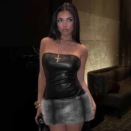 Women Clothing Autumn Winter Collarless Leather Tube Top Plush Stitching Hip Short Dress